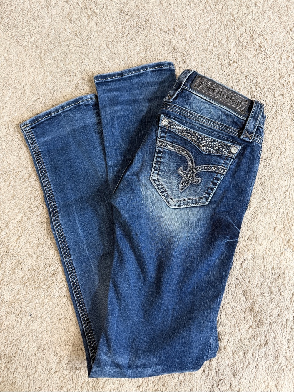 Rock Revival Jeans Womens Size 25 Vivian Straight Y2K Blue Rhinestone Pockets - Picture 3 of 9